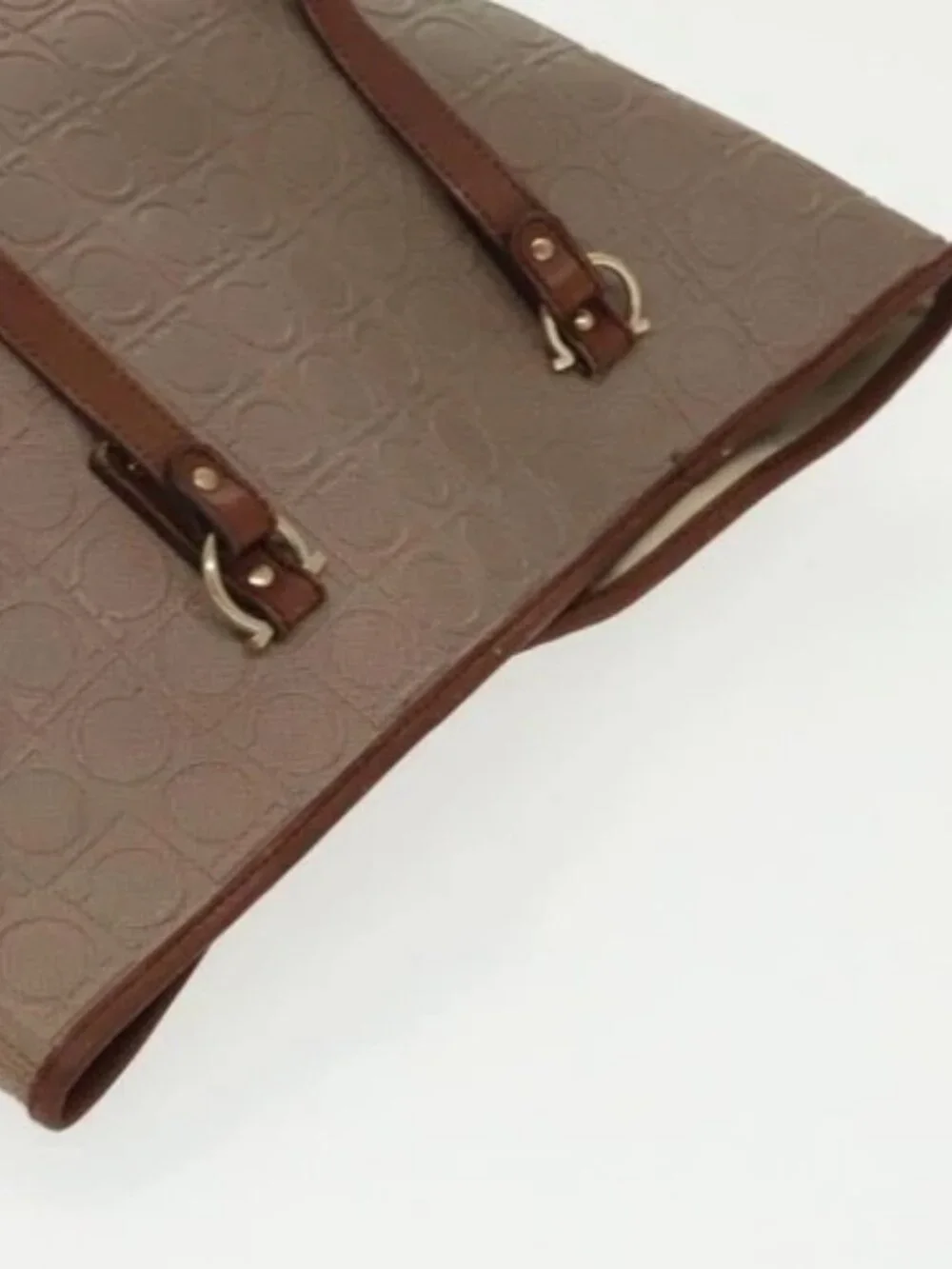 Salvatore Ferragamo Gancini Tote Bag PVCCanvas Brown Gold Auth bs19508